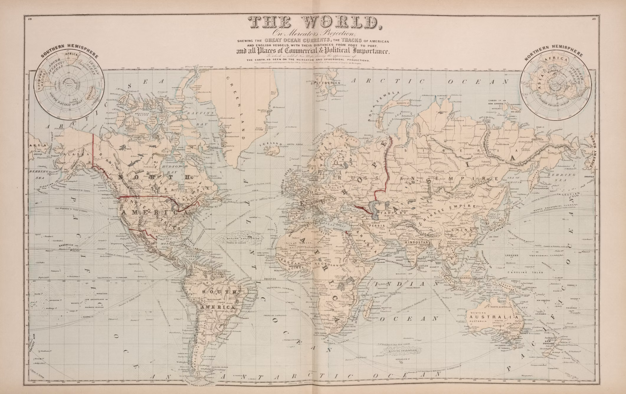 An old world map from the 1880s showing empires and important ocean currents.